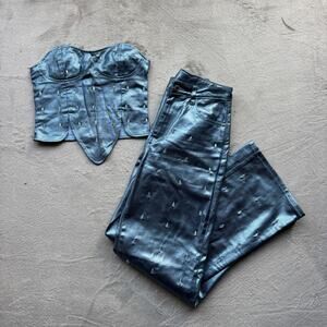 Prettylittlething 2pc Set Embellished Metallic Denim Corset & Wide Leg Jean Sz 4